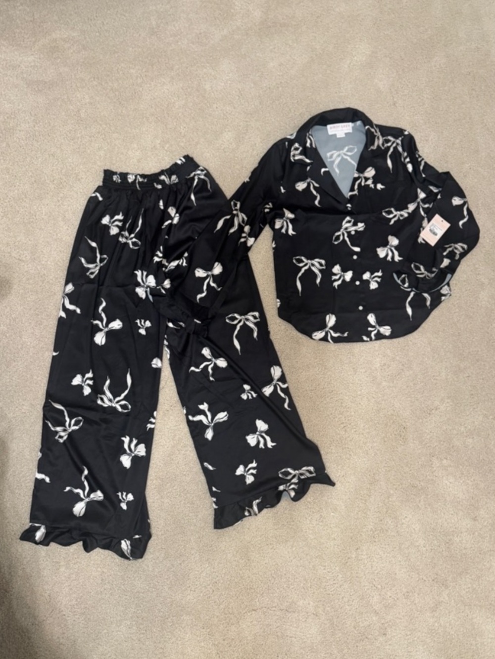 Birdy Grey Black Satin Emma Pajama Set with White Bow Print